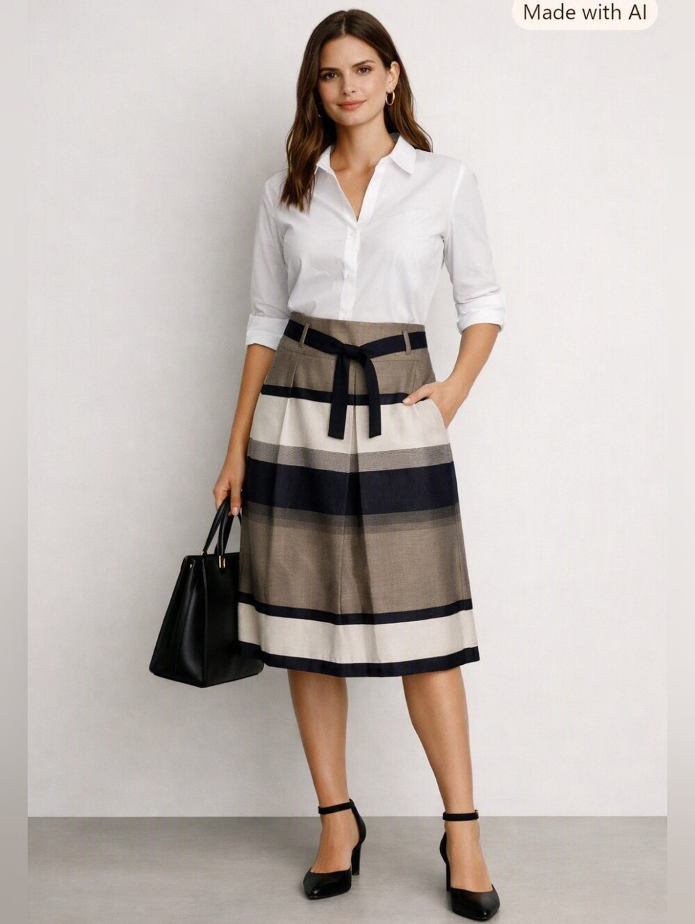 Belted Beige Gray Striped Midi Skirt Size 4 – Apanage Collection